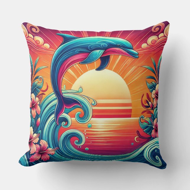 Vibrant Dolphin Leaping Over Ocean Waves Cushion (Front)
