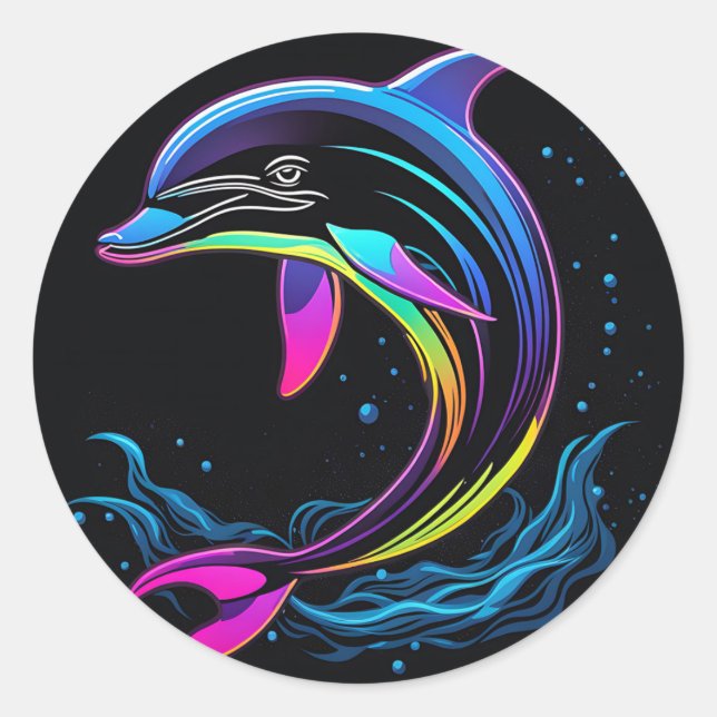 Vibrant Dolphin Neon Classic Round Sticker (Front)