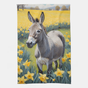 Vibrant Donkey And Yellow Daffodils Tea Towel