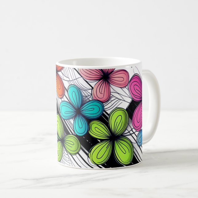 Vibrant Doodle Floral Art – Colourful Mode Coffee Mug (Front Right)