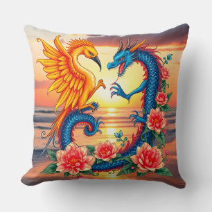 Vibrant Dragon and Phoenix Artwork with Flower Cushion