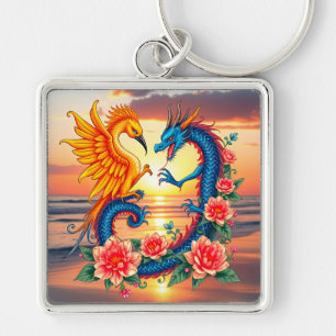 Vibrant Dragon and Phoenix Artwork with Flower Key Ring