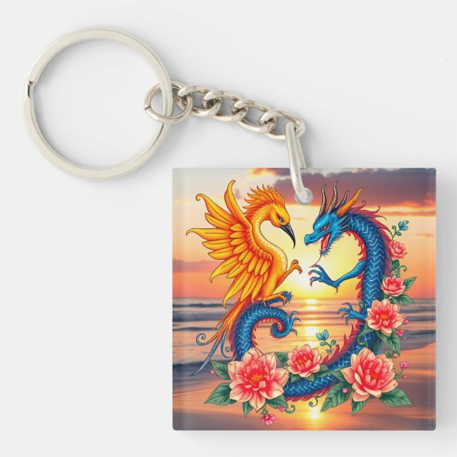 Vibrant Dragon and Phoenix Artwork with Flower Key Ring (Front)