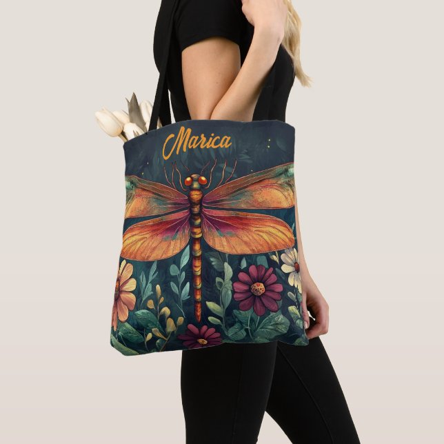 Vibrant Dragonfly Floral Shades Orange Red Green  Tote Bag (Close Up)