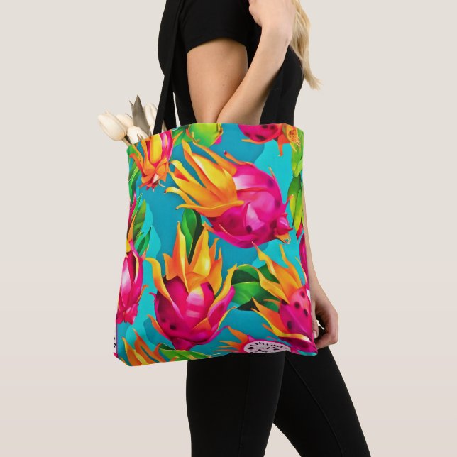 Vibrant Dragoon Fruit Pattern Tote Bag (Close Up)