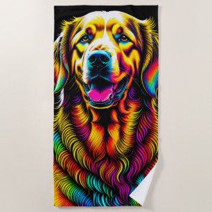 Vibrant Drawing of Golden Retriever Dog Beach Towel