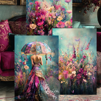 Vibrant Dreams Boho Gown Wild Meadow Floral Wrapping Paper Sheet