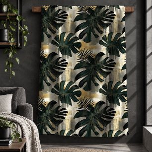 Vibrant Dusty Green Gold Jungle Leaves Blanket Art