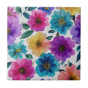 Vibrant Elegant Flower Blossoms Watercolor Floral Tile