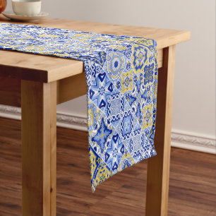 Vibrant Elegant Moroccan Blue Tile Timeless Art Short Table Runner