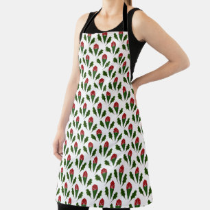 Vibrant Elegant Red Roses & Green Holly Pattern Apron