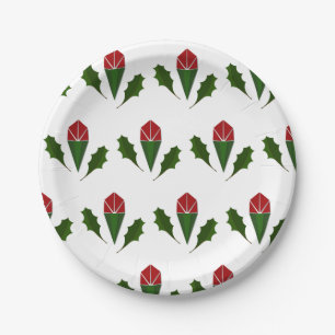 Vibrant Elegant Red Roses & Green Holly Pattern Paper Plate