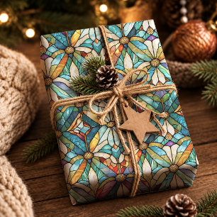 Vibrant Elegant Teal Purple Stained Glass Art Wrapping Paper