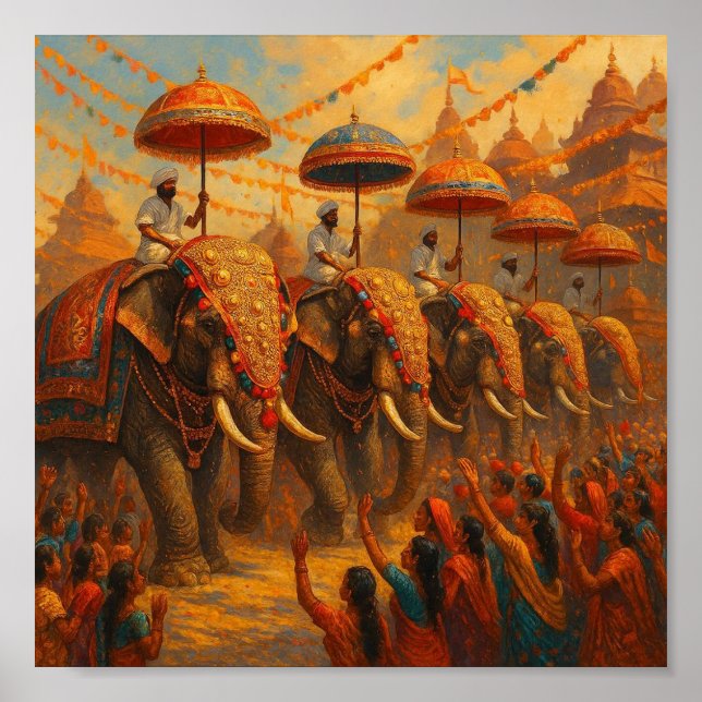 Vibrant Elephant Parade - Traditional Scene Poster (Front)