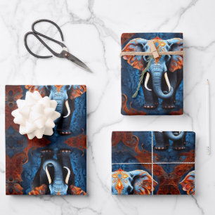 Vibrant Elephant with Floral Motifs Wrapping Paper Sheet
