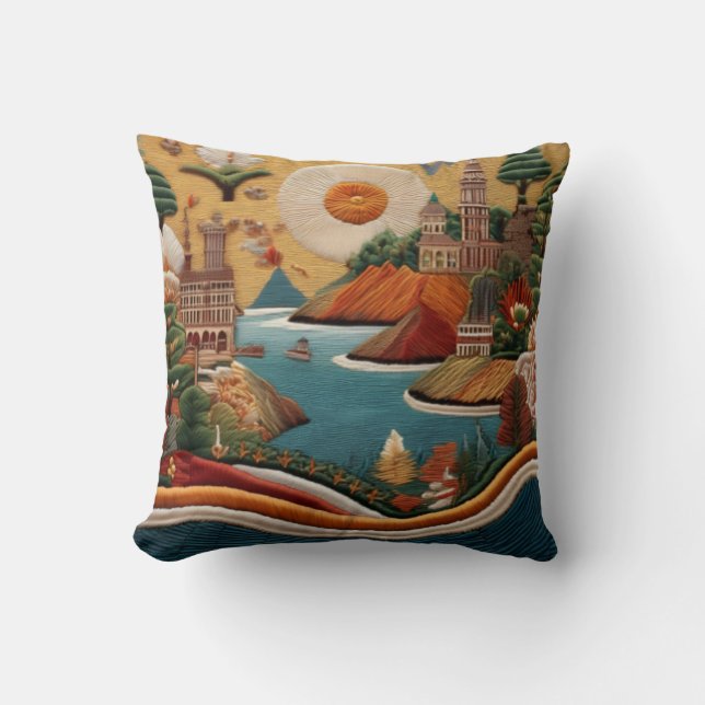 Vibrant Embroidered-Style Landscape Art Cushion (Front)