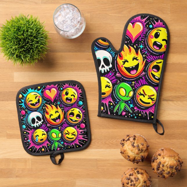 Vibrant Emoji Pop Art Oven Mitt & Pot Holder Set (Top Down)