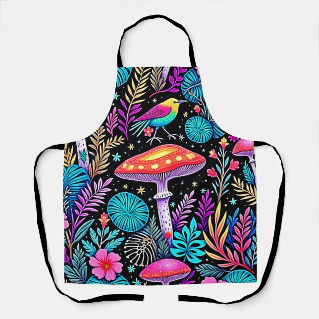 Vibrant Enchanted Forest Mushroom Artwork Apron (Front)