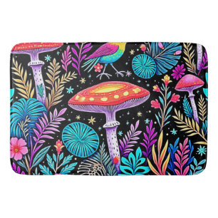 Vibrant Enchanted Forest Mushroom Artwork Bath Mat