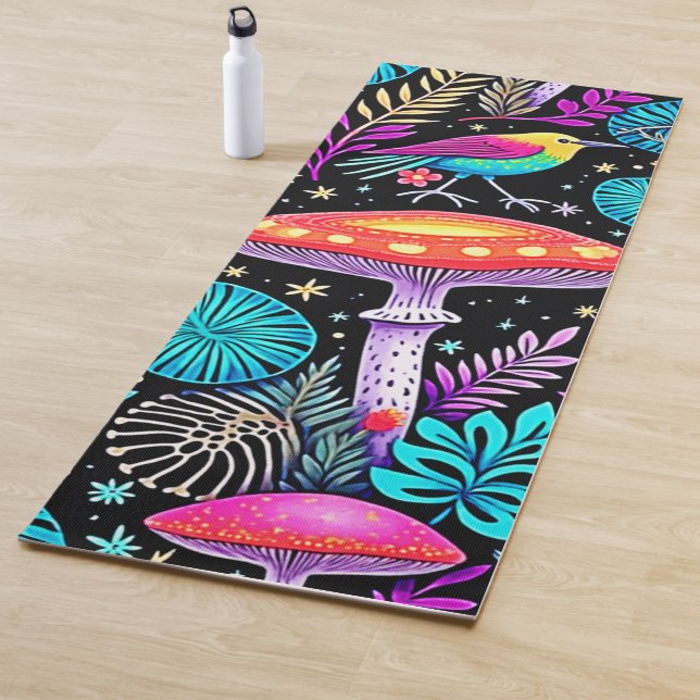 Vibrant Enchanted Forest Mushroom Artwork Yoga Mat (In Situ)