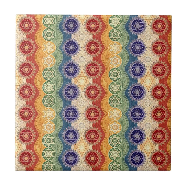Vibrant Energy Chakra Mandala Design Pattern Art Tile (Front)