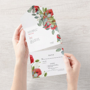 Vibrant Eucalyptus Red Floral Wedding  All In One Invitation