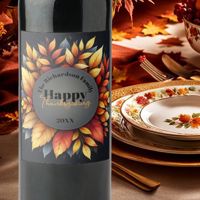 Vibrant Fall Leaves Thanksgiving Family Name Year Wine Label (Creator Uploaded)
