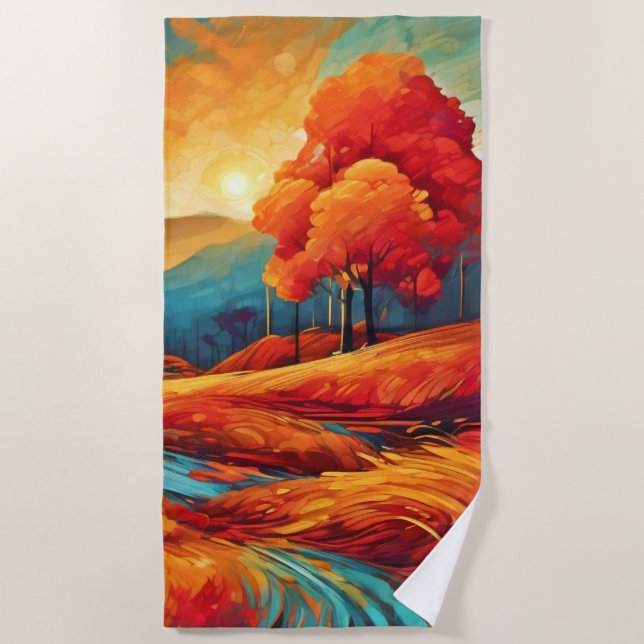 Vibrant Fall River Scene Beach Towel (Front)