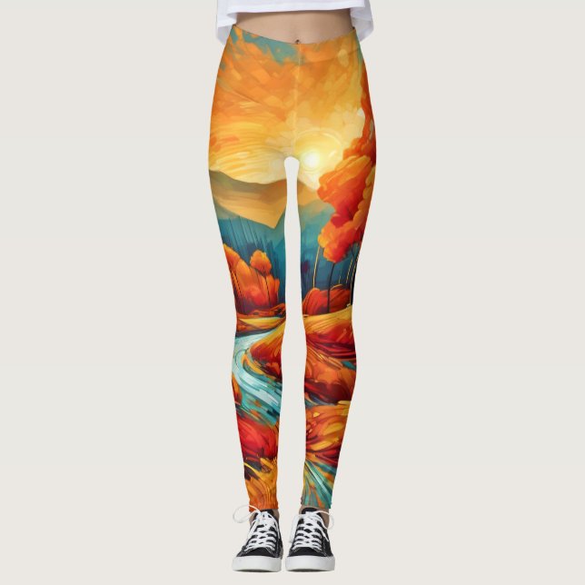 Vibrant Fall River Scene Leggings (Front)