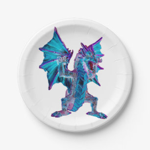 Vibrant Fantasy Celebration Aqua Dragon Shimmer Paper Plate