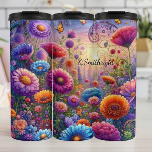 Vibrant Fantasy Flower Meadow Sunset Thermal Tumbler