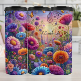 Vibrant Fantasy Flower Meadow Sunset Thermal Tumbler