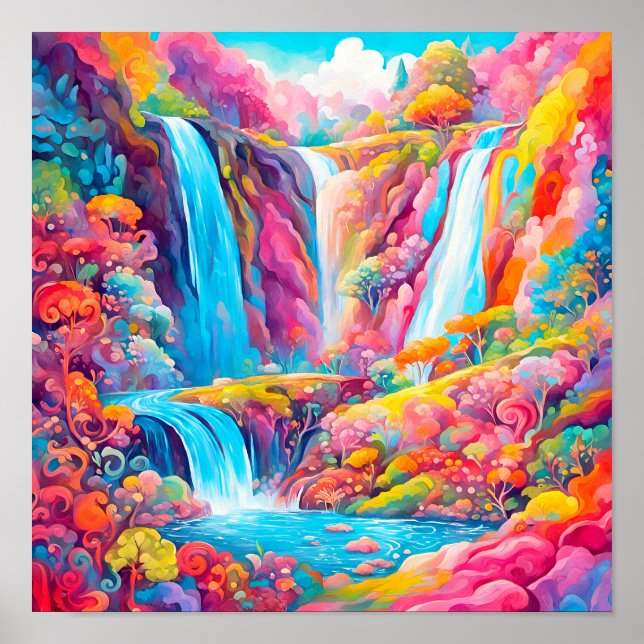 Vibrant Fantasy Waterfalls in a Candyland Setting Poster (Front)