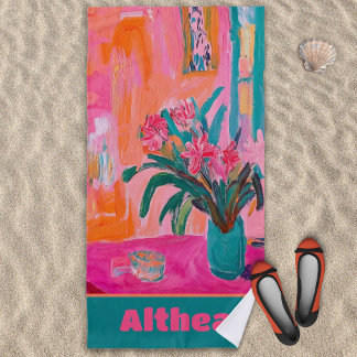 Vibrant Fauvist Vase of Pink Flowers Beach Towel