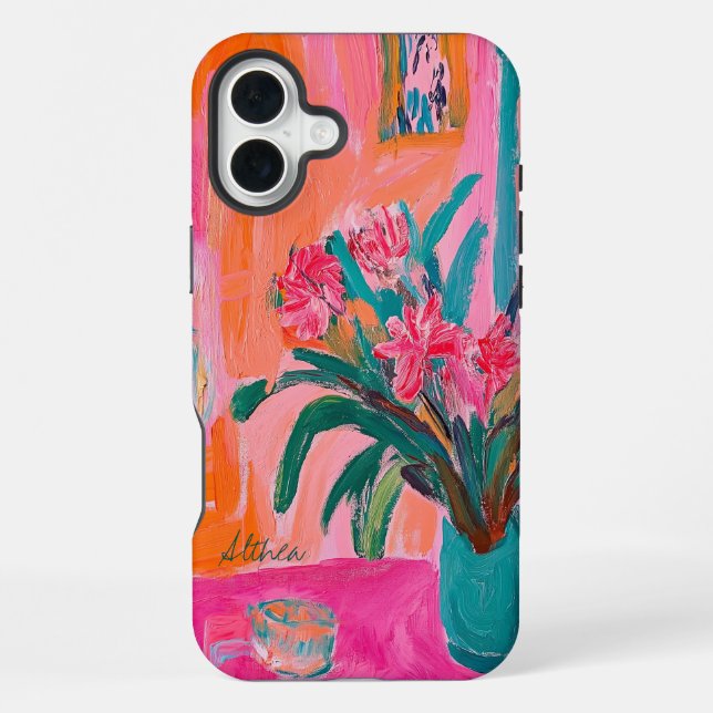 Vibrant Fauvist Vase of Pink Flowers iPhone Case (Back)