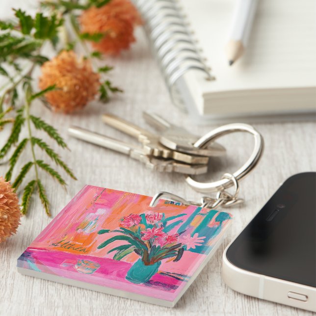 Vibrant Fauvist Vase of Pink Flowers Key Ring (Front Right)