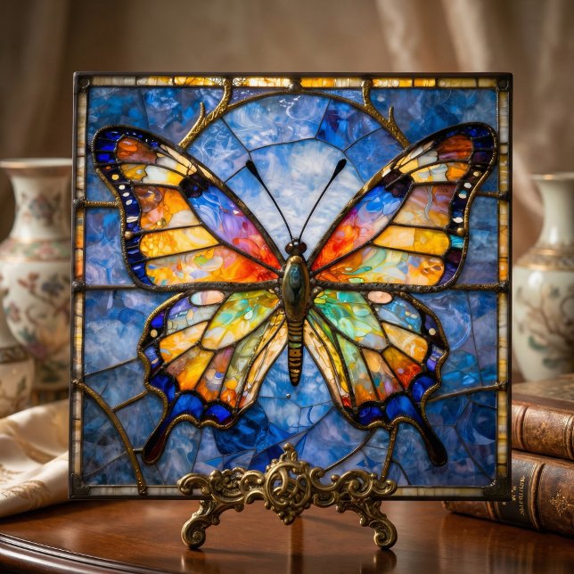 Vibrant Faux Stained Glass Butterfly Mosaic Art Tile (Creator Uploaded)