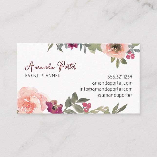 Vibrant Feminine Floral Watercolor Business Card (Front)