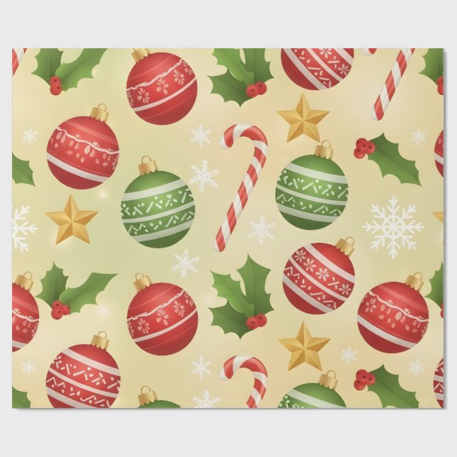 Vibrant Festive Christmas Ornaments and Candy Cane Wrapping Paper (Flat)