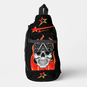 Vibrant fire background born to ride skull Black Sling Bag