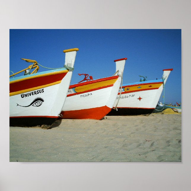 Vibrant Fishing Boats on Algarve's Beach Poster (Front)