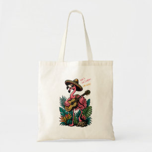 vibrant flamingo wearing sombrero playing guitar tote bag