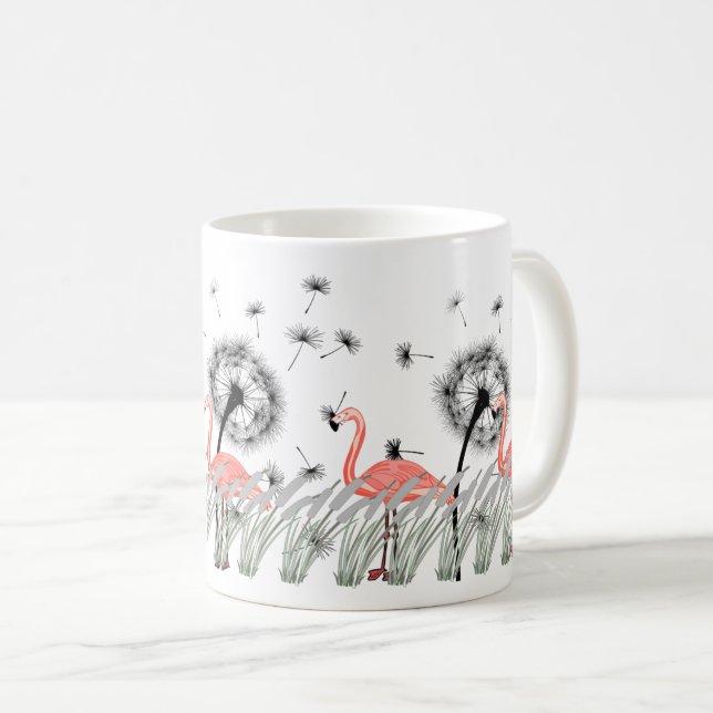 Vibrant Flamingo with Dandelion & Reed Grass  Coffee Mug (Front Right)