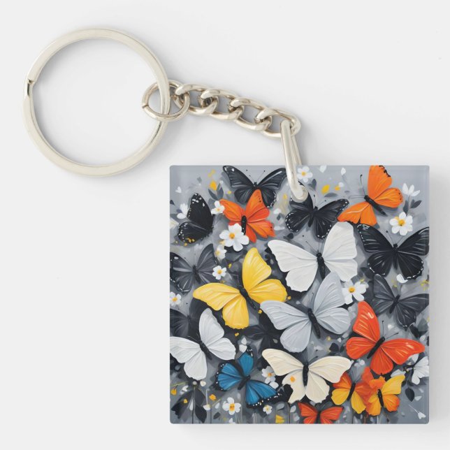"Vibrant Flight: Acrylic Multi-Colored Butterflies Key Ring (Front)