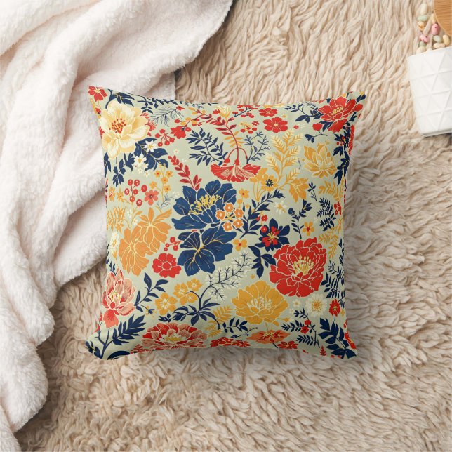 Vibrant flora red, yellow and blue on white cushion (Blanket)