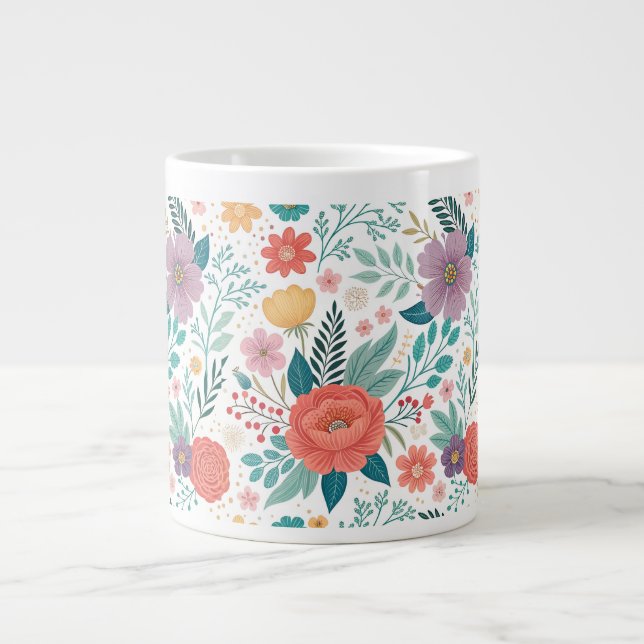 Vibrant Floral All-Over Print Pattern Large Coffee Mug (Front)