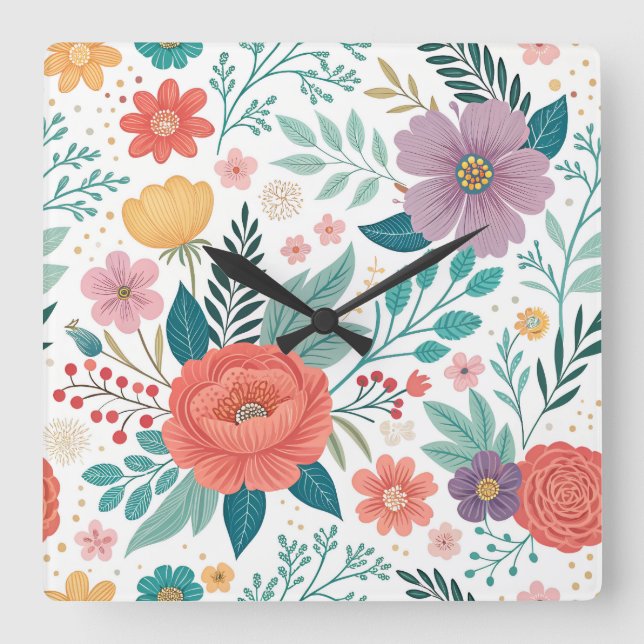 Vibrant Floral All-Over Print Pattern Square Wall Clock (Front)