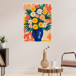 Vibrant Floral Arrangement in Blue Vase Poster