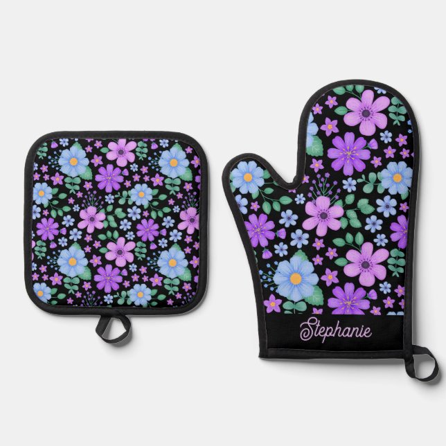 Vibrant Floral Blue Purple Violet Personalised Oven Mitt & Pot Holder Set (Front)