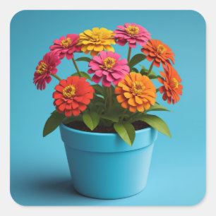 Vibrant Floral Botanical Art, Zinnia Flowers Square Sticker